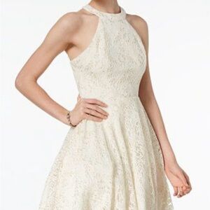 B. Darlin Juniors' Cream Halter Glitter Lace Fit & Flare Dress Junior Size Small